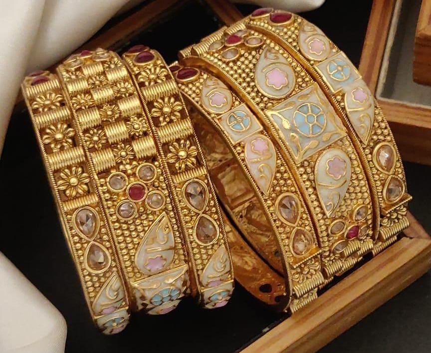 Classic Chic Gold Plated Brass Bangle Set Featuring Intricate Featuring And Studded Stones