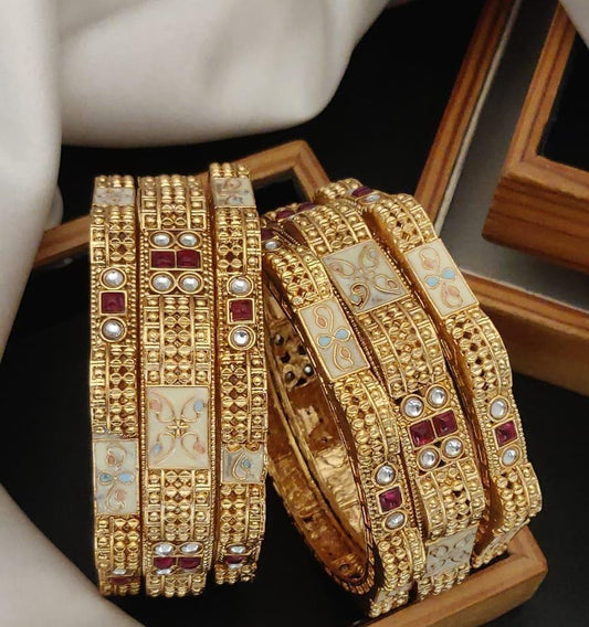 Bling On Gold Plated Brass Bangle Set Featuring Intricate Featuring And Studded Stones