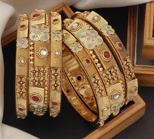Legacy Luxe Gold Plated Brass Bangle Set Featuring Intricate Featuring And Studded Stones