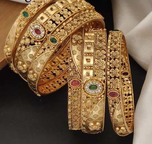 Diamoon Gold Plated Brass Bangle Set Featuring Intricate Featuring And Studded Stones