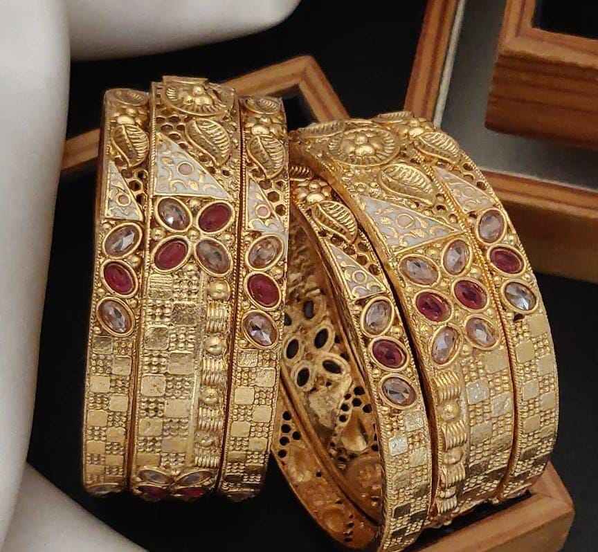 Cuttewears Gold Plated Brass Bangle Set Featuring Intricate Featuring And Studded Stones