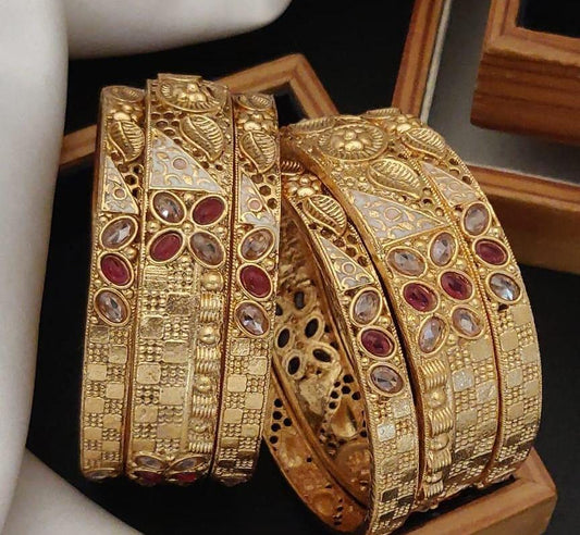 Cuttewears Gold Plated Brass Bangle Set Featuring Intricate Featuring And Studded Stones