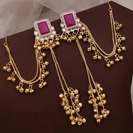 Kashmiri Style Earrings Featuring A Square Pink Stone Studded With Kundan And Pearl Accents