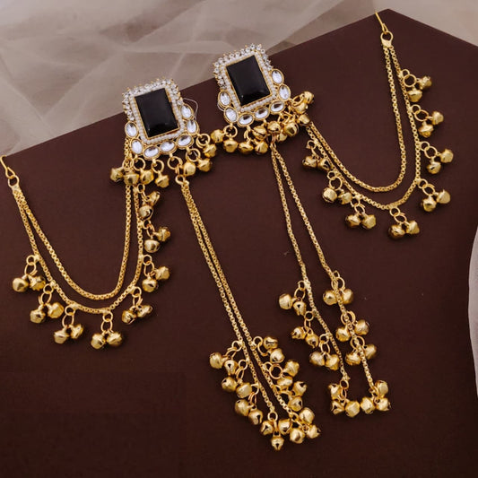 Kashmiri Style Earrings Featuring A Square Black Stone Studded With Kundan And Pearl Accents