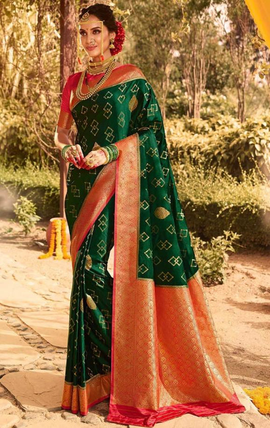 Women Green And Red Banarasi Soft Silk Saree
