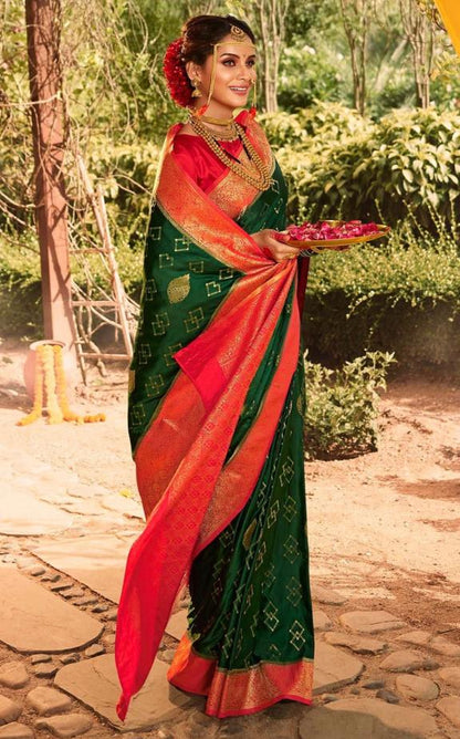 Women Green And Red Banarasi Soft Silk Saree