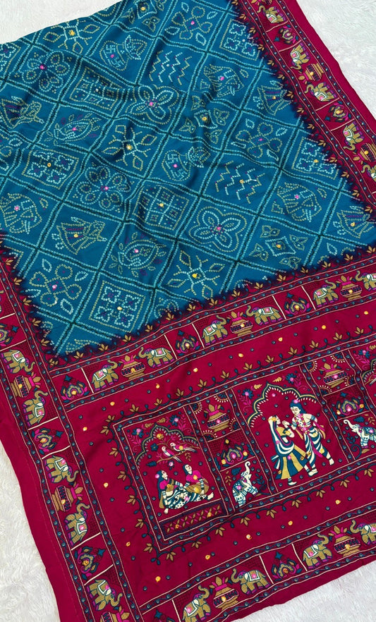 Women Teal Pashmina Silk Saree