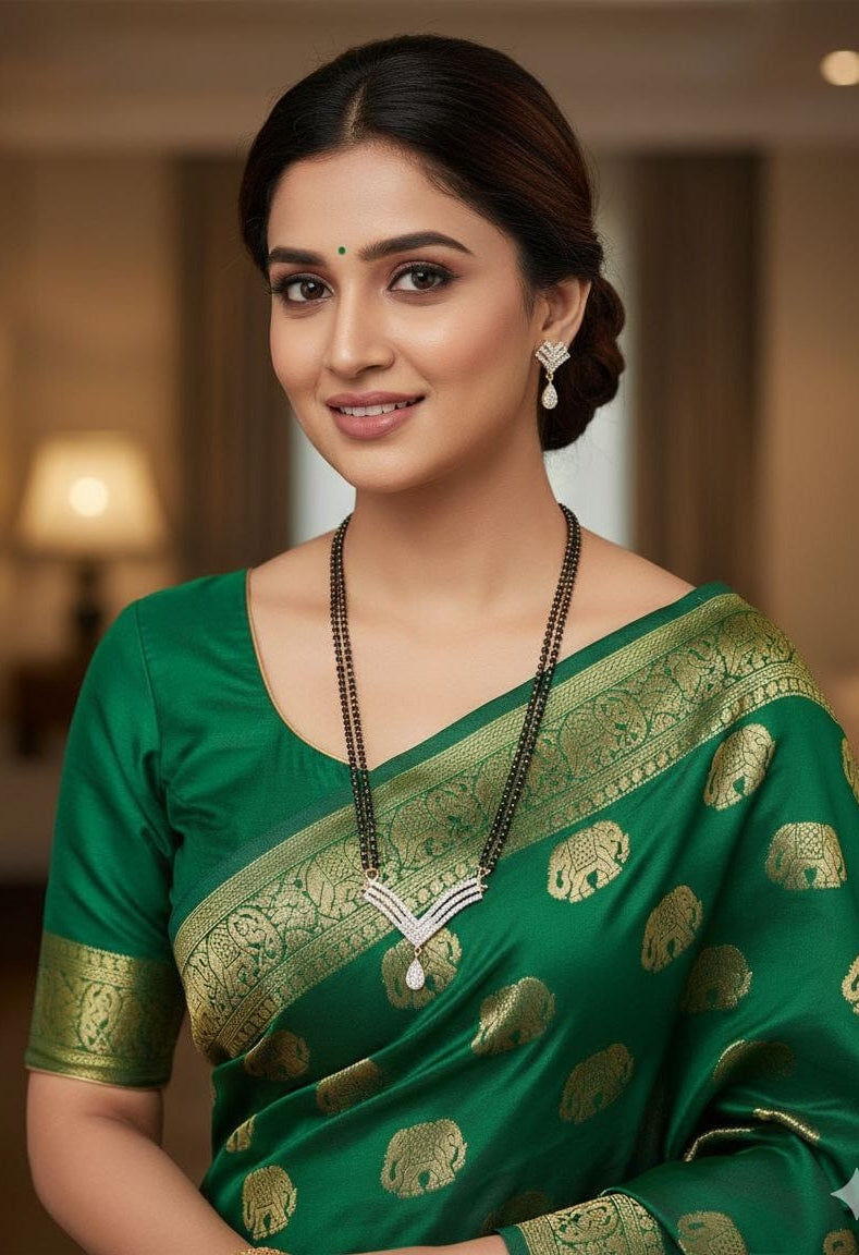 Modern V Shaped Diamond Mangalsutra Featuring Two Strands Of Traditional Black Beads And A Tear Drop Pendant