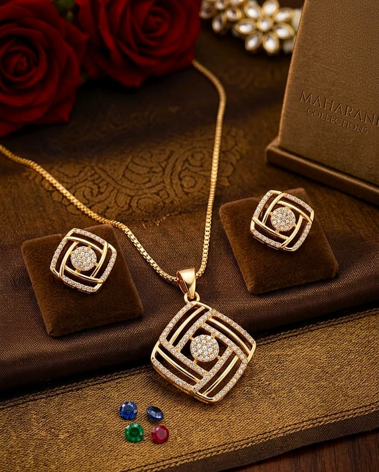 Gold Plated Geometric Pendant Set With Featuring Studded Square Earring