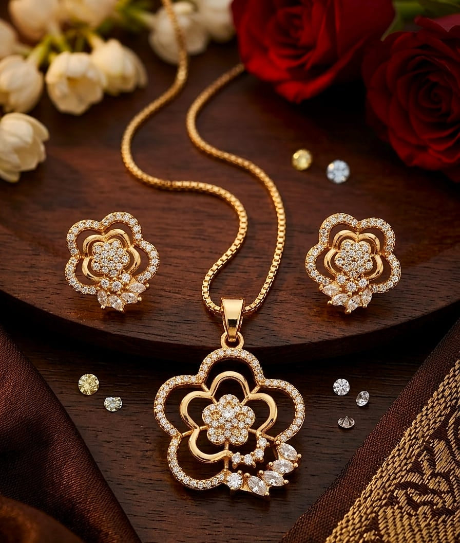 Diamond Extreme Gold Plated Geometric Pendant Set With Earring