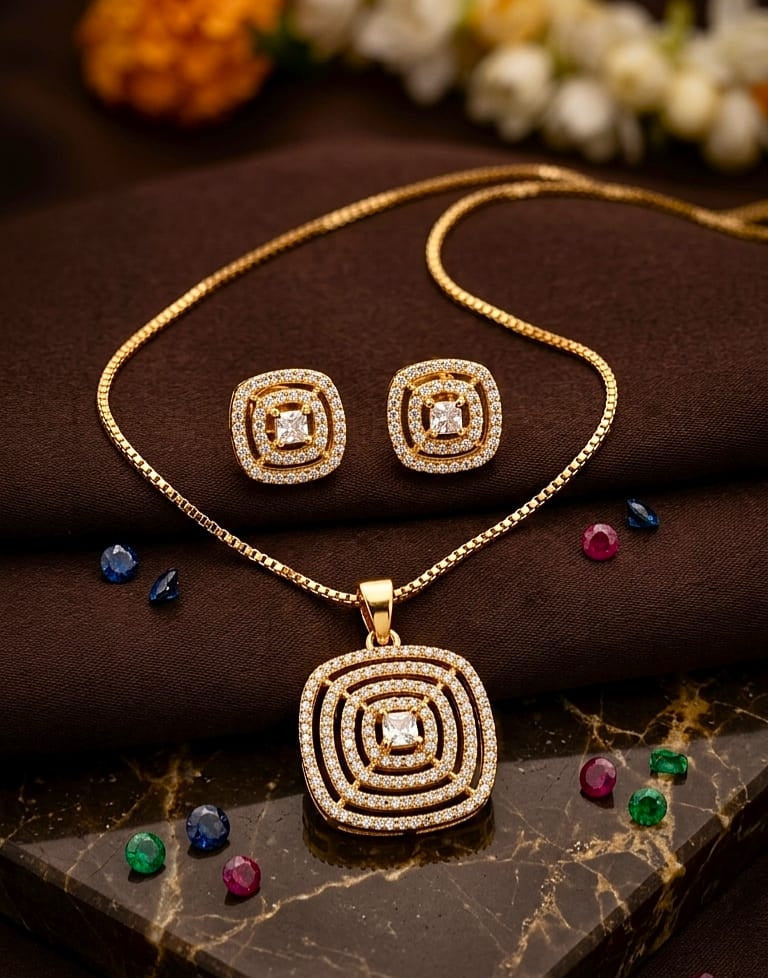 Golden Grace Gold Plated Geometric Pendant Set With Earring