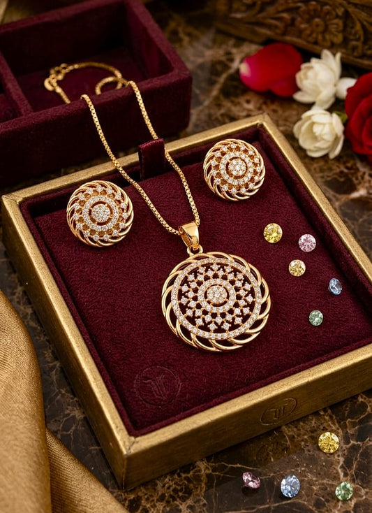 Golden Gleam Gold Plated Geometric Pendant Set With Earring
