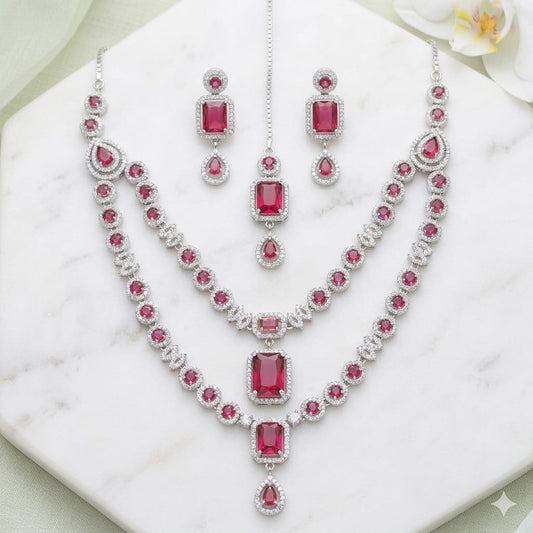 Silver Plated American Diamond Studded Jewelry Set Featuring Pink Stones And Matching Earrings