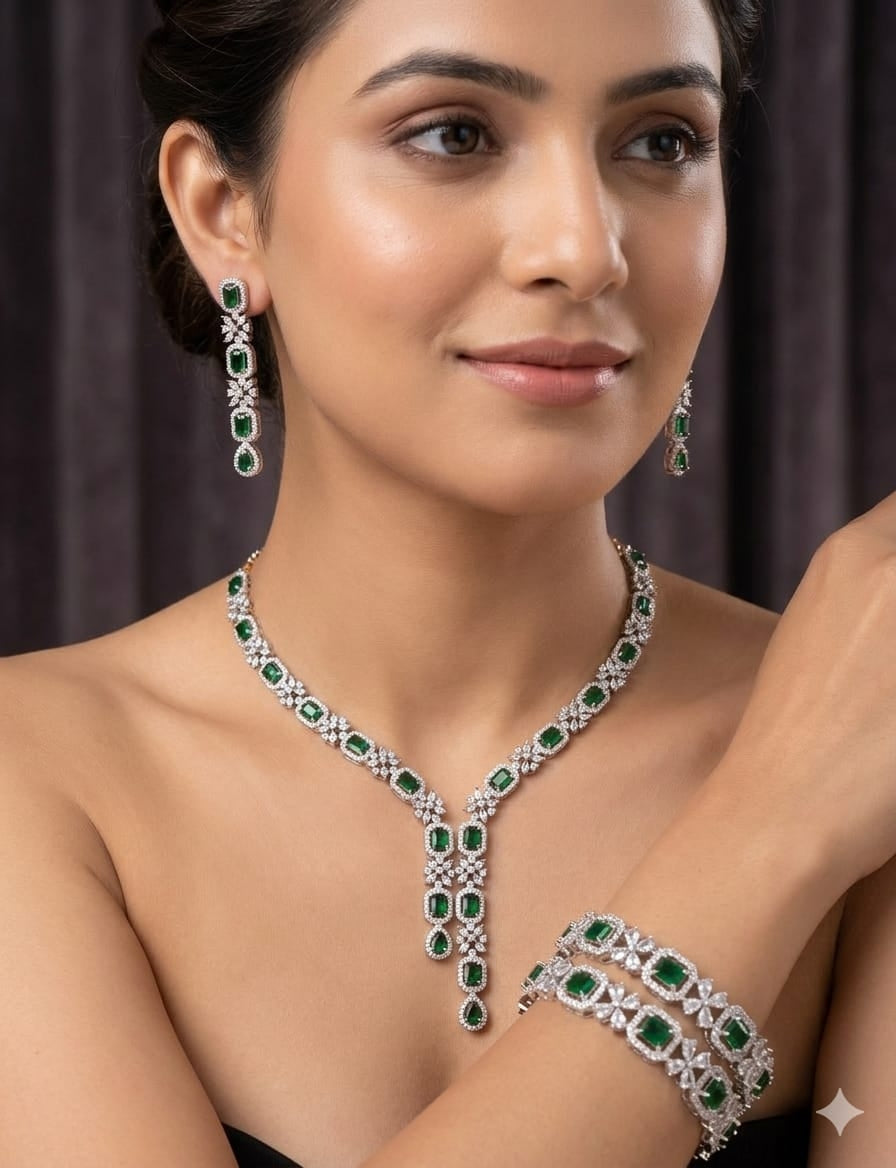 Rubans Rhodium Plated Stone Studded Green Necklace And Earrings Set With Bangle