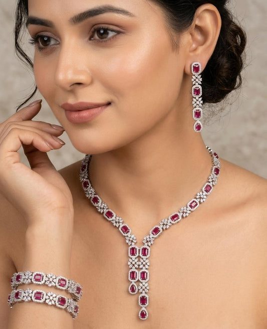 Rubans Rhodium Plated Stone Studded Pink Necklace And Earrings Set With Bangle