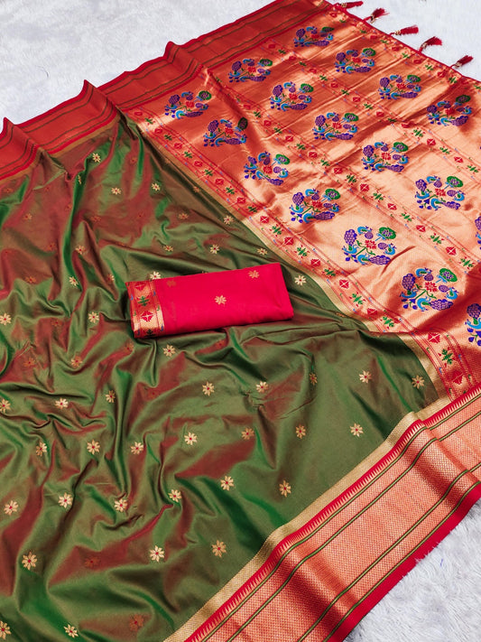 Women Light Green Soft Silk Paithani Saree