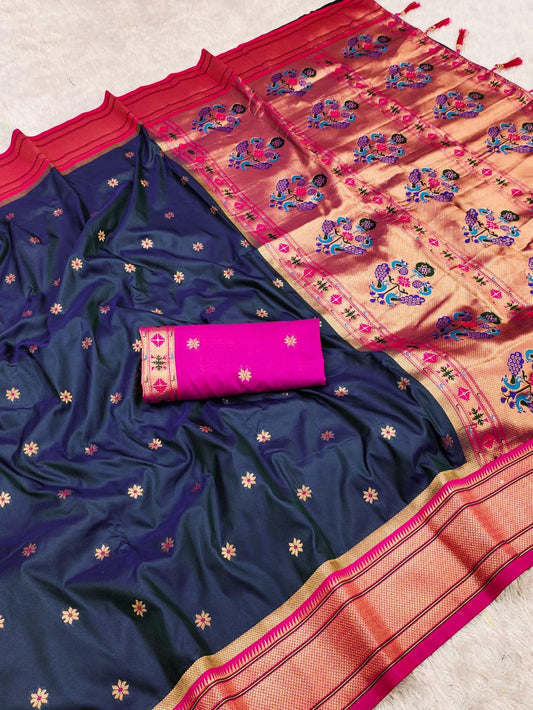Women Navy Blue Soft Silk Paithani Saree