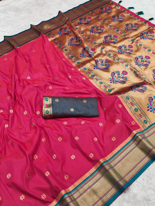Women Pink Soft Silk Paithani Saree