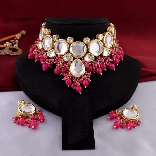 Elegant Pink Pearl And Stone Necklace Set