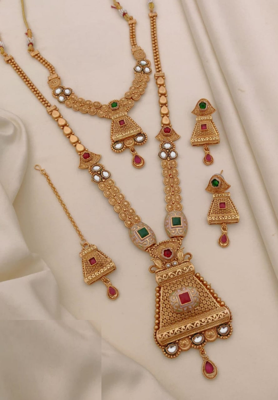 Elegant Golden Polished Polki Studded Necklace Set