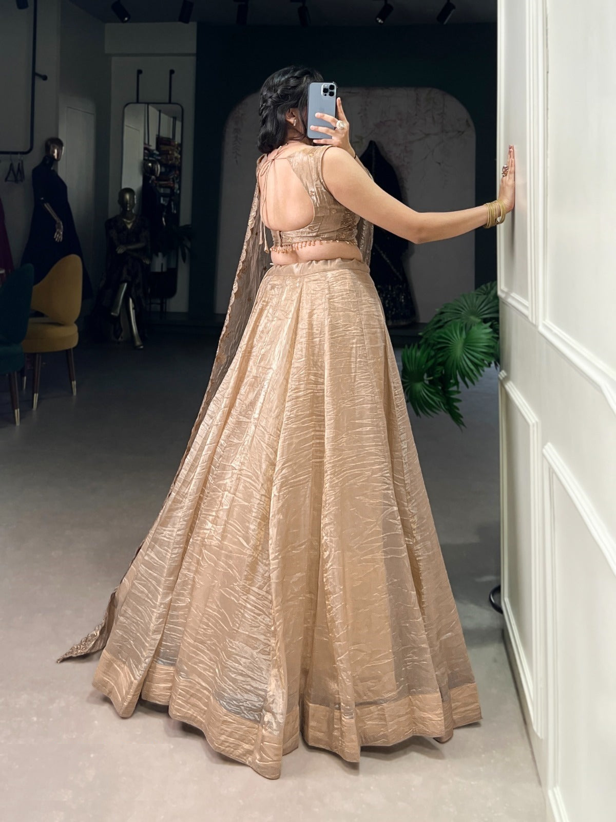 Glamorous Beige Silk Cold Crush Traditional Lehenga