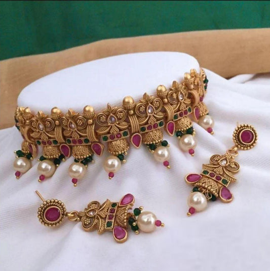 Elegant Meenakari  Pink And Green Necklace Set