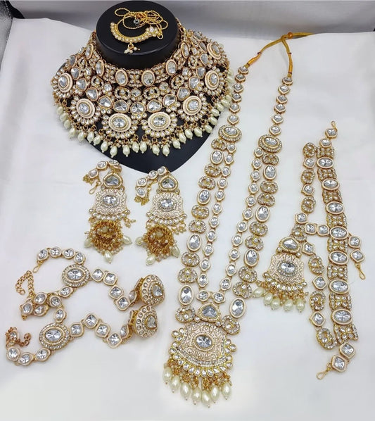 Elegant White And Gold Rajwadi Bridal Necklace Set