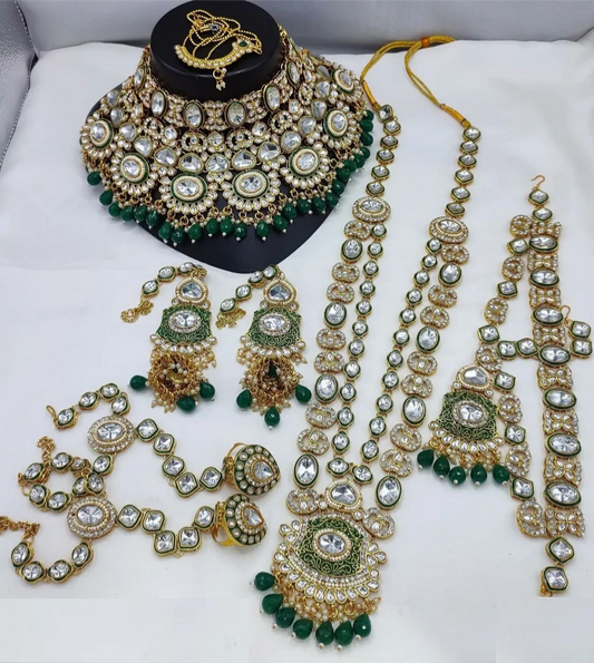 Elegant Green Rajwadi Bridal Necklace Set
