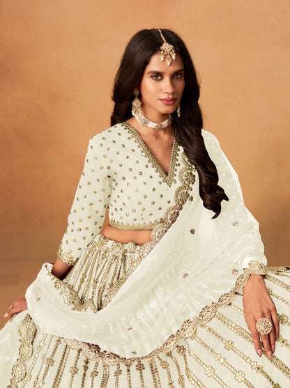 Women White Organza Traditional Lehenga