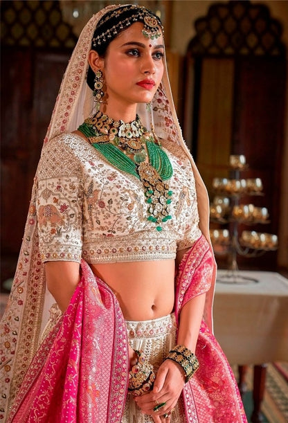 Opulent White And Pink Silk Bridal Lehenga