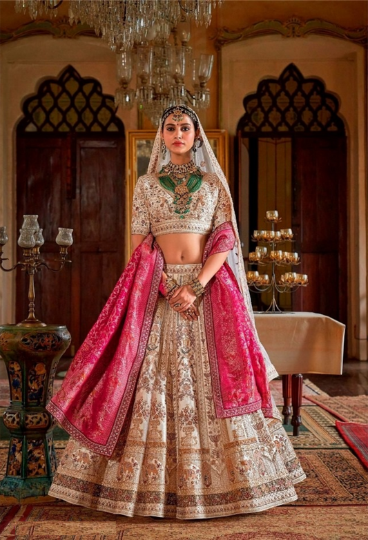 Opulent White And Pink Silk Bridal Lehenga