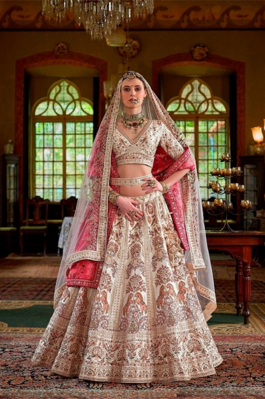 Flawless Cream And Pink Silk Bridal Lehenga