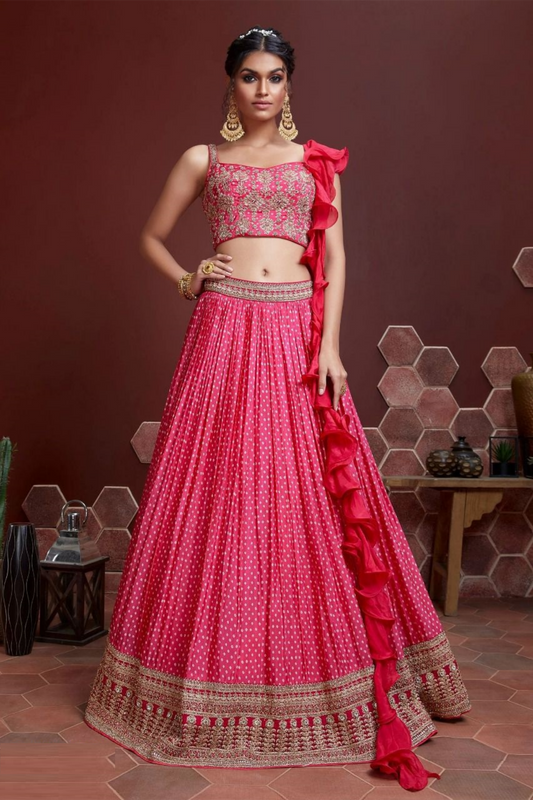 Glamorous Pink Chinon Silk Digital Print With Sequins Coding Embroidery Work	 Stylish Lehenga
