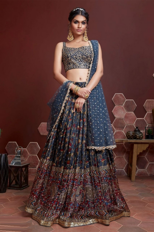 Classy Navy Blue Chinon Silk Digital Print With Sequins And Embroidery Work	 Stylish Lehenga
