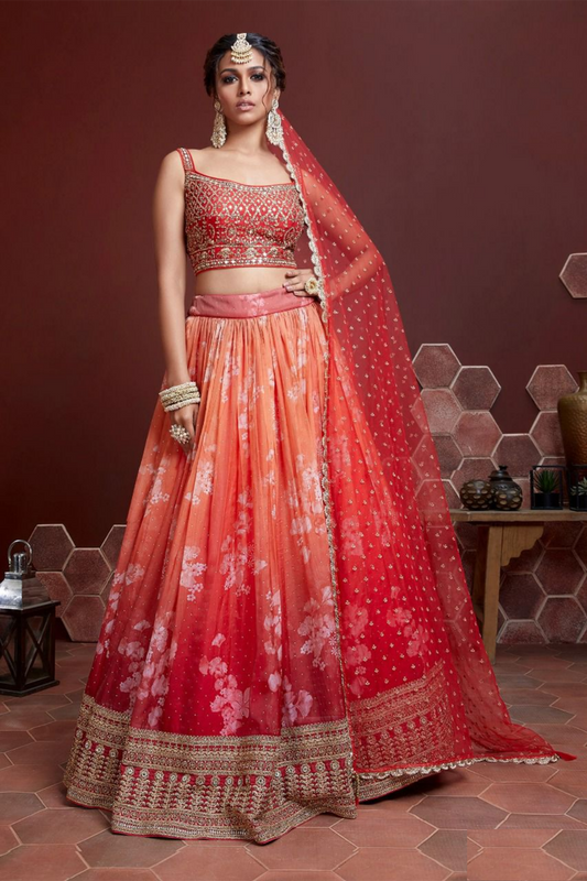 Stylish Orange And Red Silk Digital Print With Swarovski And Sequins Coding Embroidery Work	 Stylish Lehenga