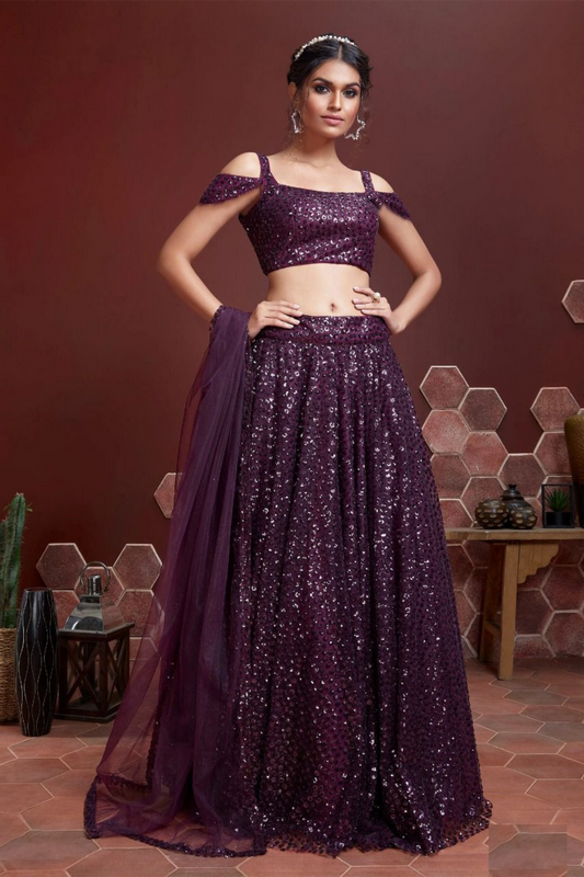 Sleek Dark Purple Net Sequins And Embroidery Work	 Stylish Lehenga