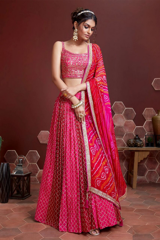 Exquisite Pink Chinon Silk Sequins And Embroidery Work	 Stylish Lehenga