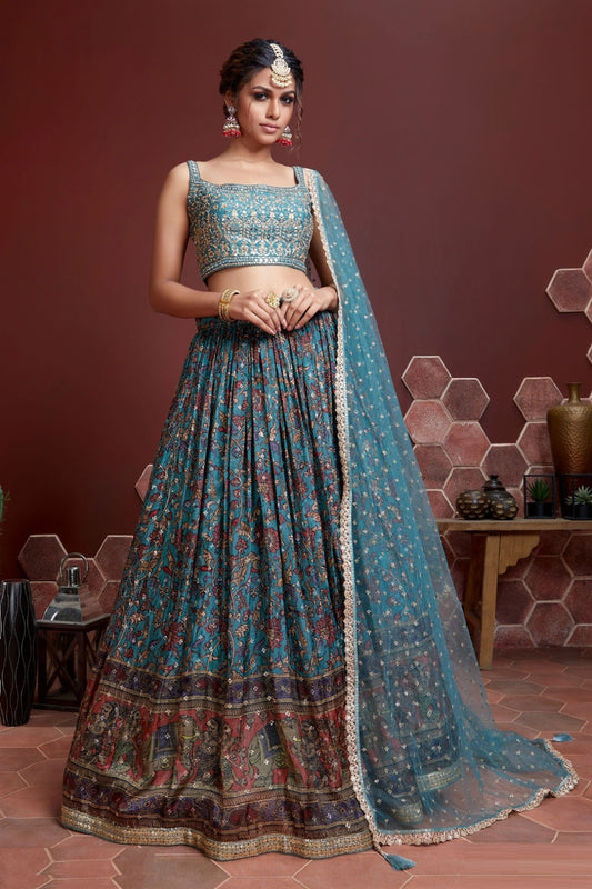 Vibrant Blue Chinon Silk Digital Print Embroidery Work	 Stylish Lehenga