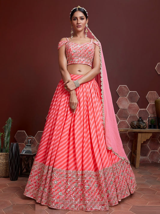Contemporary Peach Organza Silk Zari Sequins Embroidery Work	 Stylish Lehenga