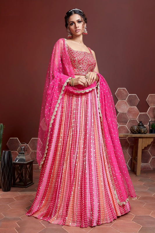 Understated Pink Chinon Silk Embroidery & Mirror Work	 Stylish Lehenga