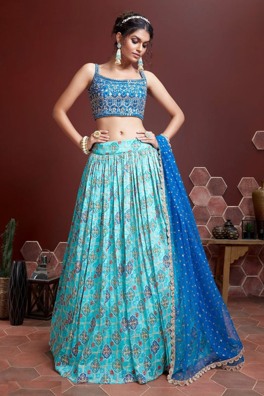 Alluring Blue Chinon Silk Embroidery & Mirror Work	 Stylish Lehenga