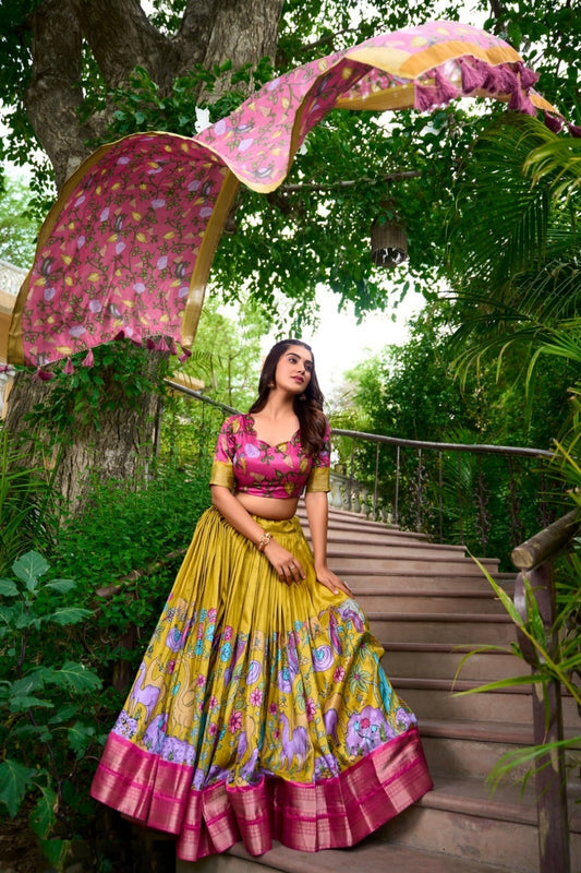 Women Multi Mustard Dola Silk Floral Print Leheng