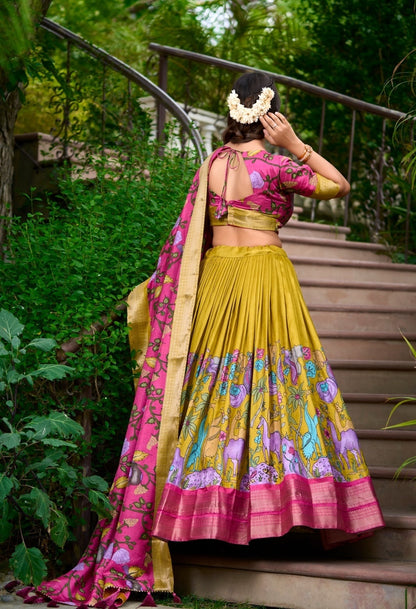 Women Multi Mustard Dola Silk Floral Print Leheng