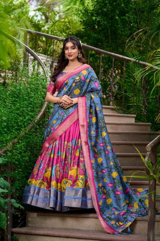 Women Multi Pink Dola Silk Floral Print Leheng