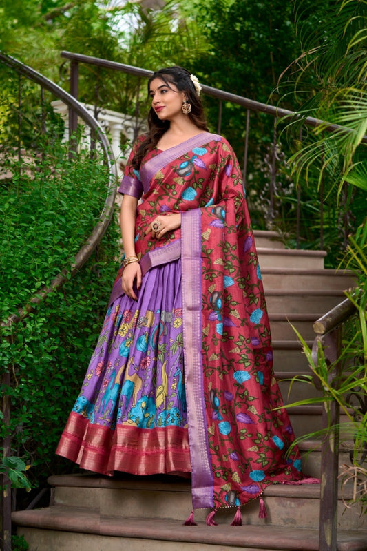 Women Multi Purple Dola Silk Floral Print Leheng