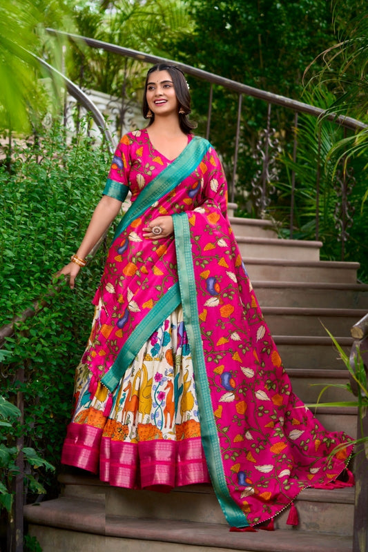 Women Multi White Dola Silk Floral Print Leheng