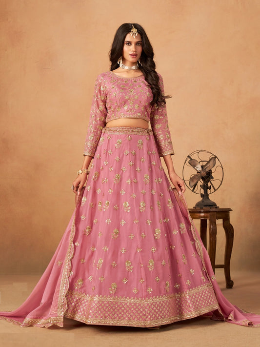 Women Pink Organza Traditional Lehenga
