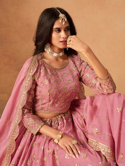 Women Pink Organza Traditional Lehenga