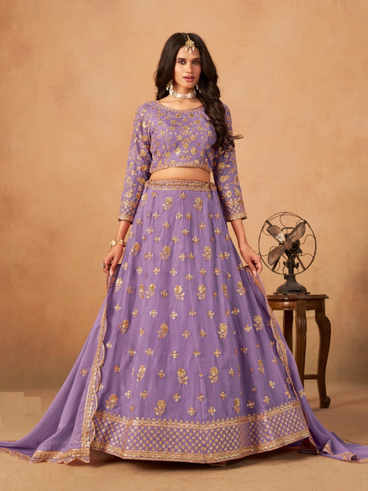 Women Purple Organza Traditional Lehenga