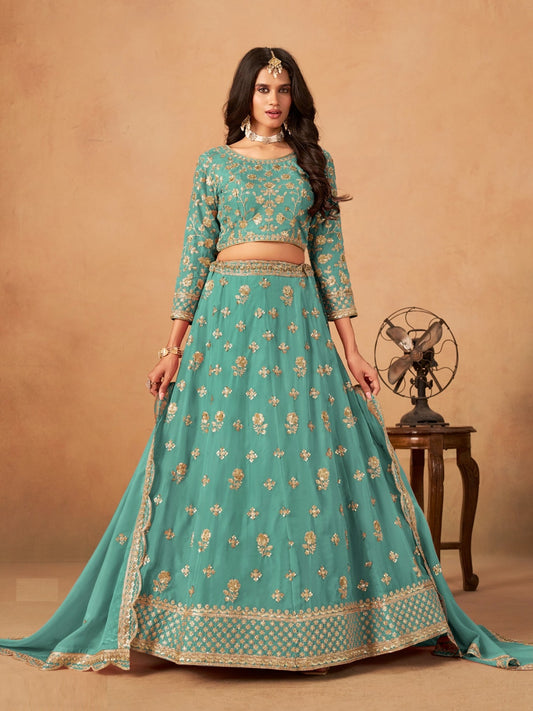 Women Blue Organza Traditional Lehenga